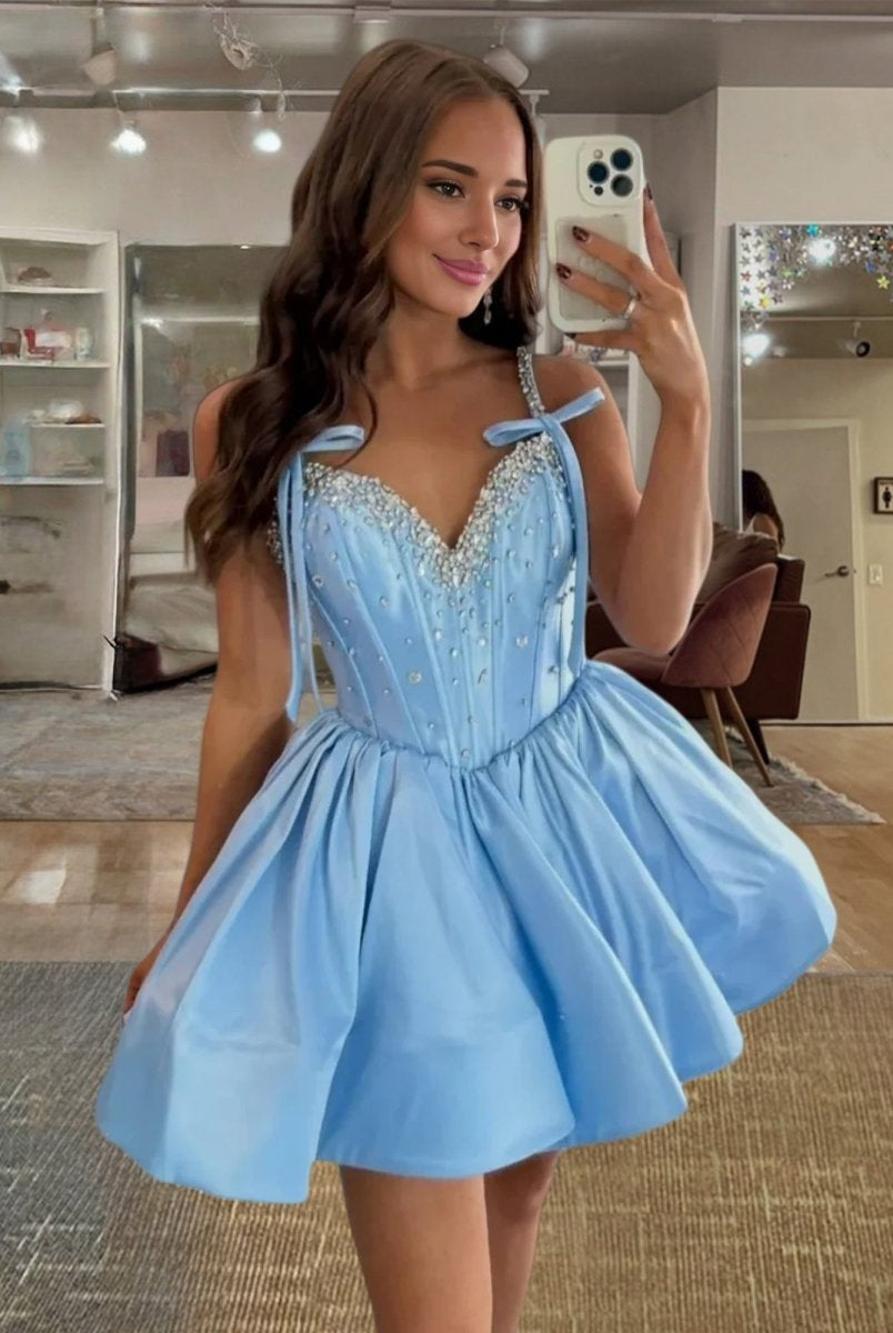 Talyssia | Sky Blue - Spaghetti Straps A Line Satin Beaded Homecoming Dresses With Bow - KissProm