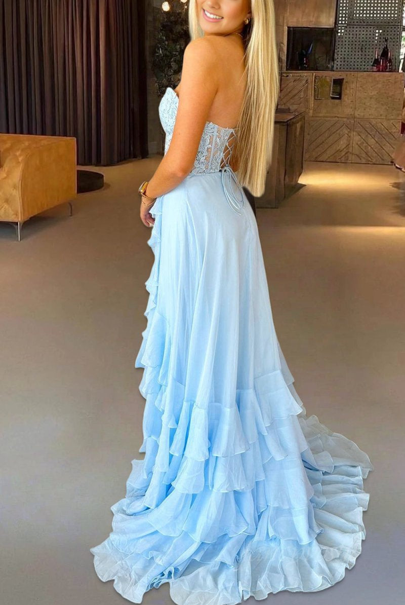 Tamira | Sky Blue - Strapless Chiffon Ruffled A Line Long Prom Dresses With Appliques - KissProm