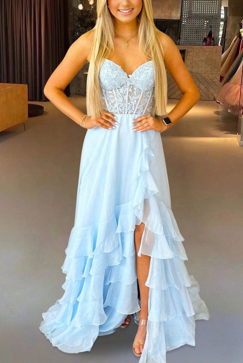 Tamira | Sky Blue - Strapless Chiffon Ruffled A Line Long Prom Dresses With Appliques - KissProm
