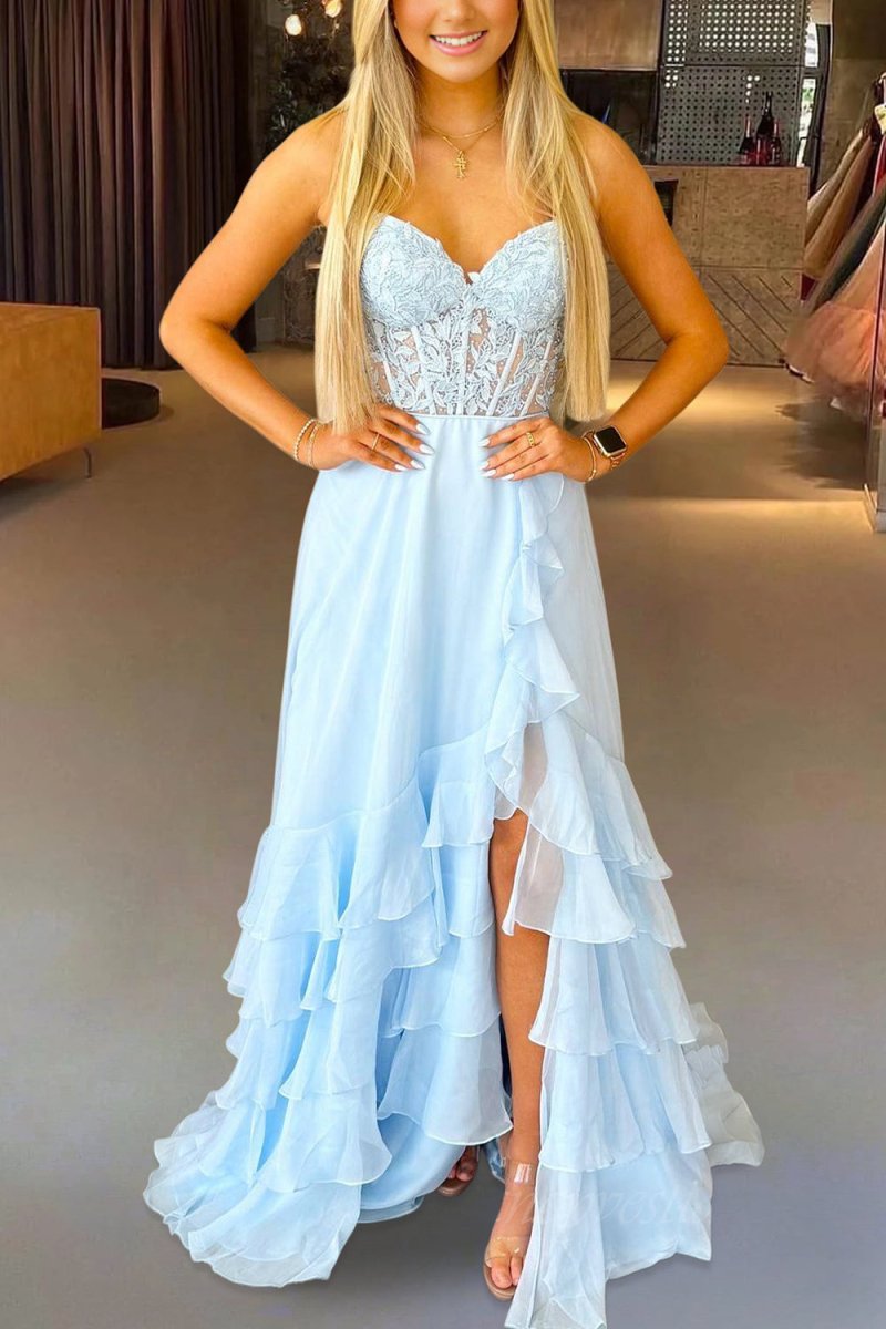 Tamira | Sky Blue - Strapless Chiffon Ruffled A Line Long Prom Dresses With Appliques - KissProm