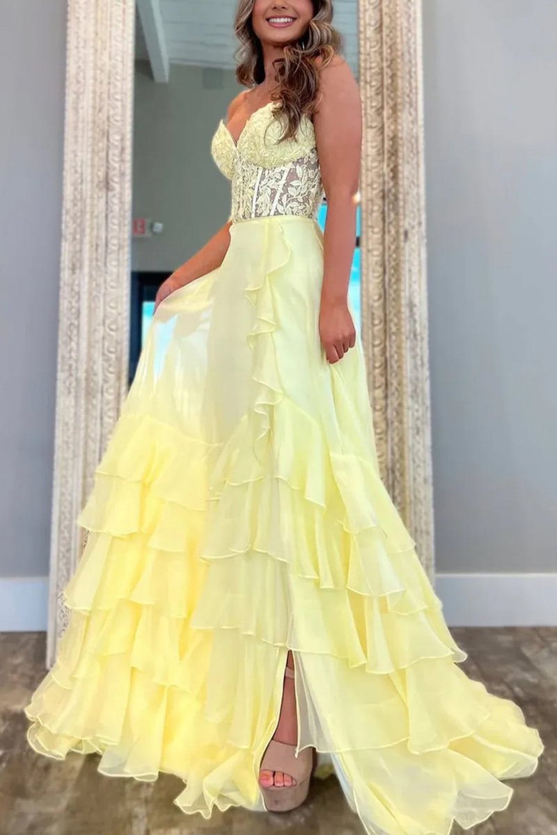 Tamira | Yellow - Strapless Chiffon Ruffled A Line Long Prom Dresses With Appliques - KissProm