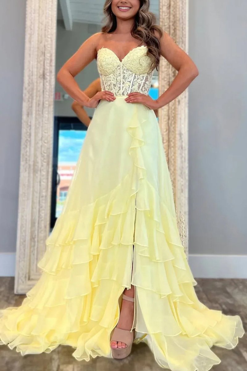 Tamira | Yellow - Strapless Chiffon Ruffled A Line Long Prom Dresses With Appliques - KissProm