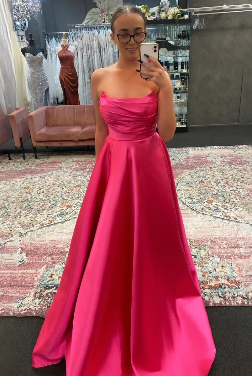 KissProm-Tanzie Strapless Fuchsia Satin A-line Long Prom Dress With Slit