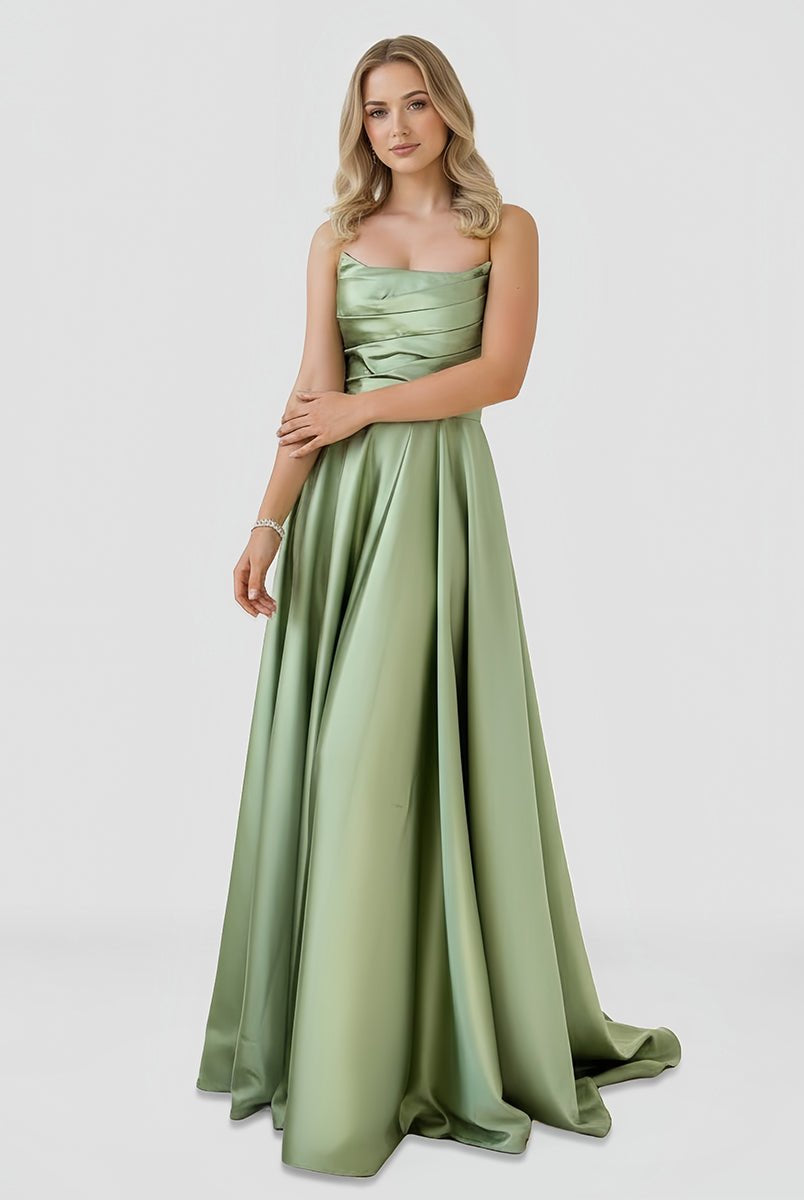 Tanzie | Strapless Sage Green Satin A - line Long Prom Dress With Slit - KissProm