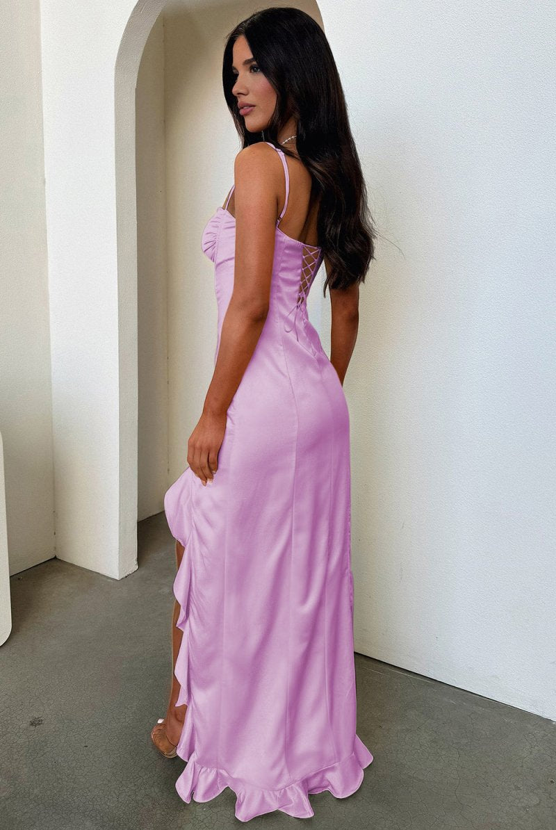 Tarian | Yellow - Sheath Satin Sweetheart Long Prom Dresses with Ruffles - KissProm