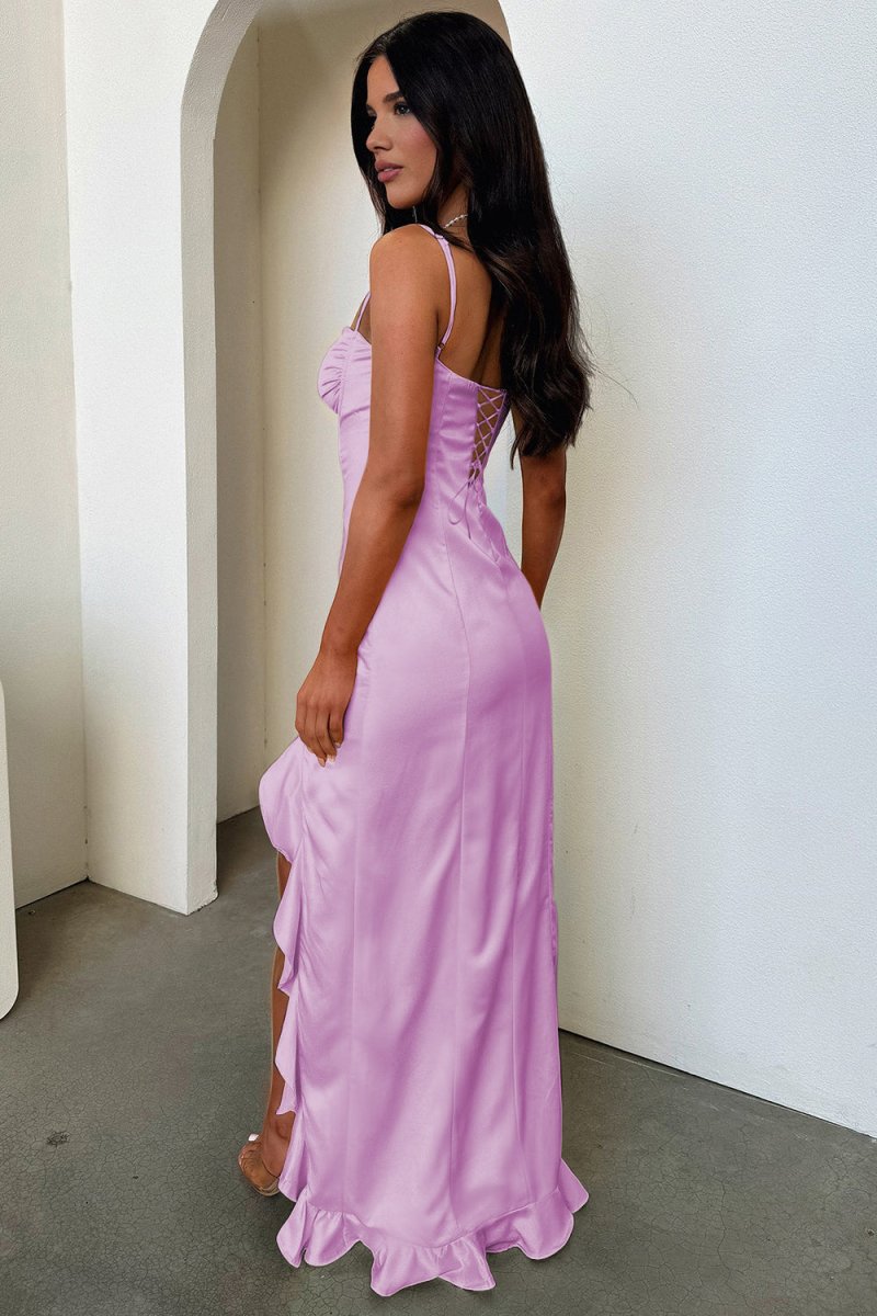 Tarian | Yellow - Sheath Satin Sweetheart Long Prom Dresses with Ruffles - KissProm