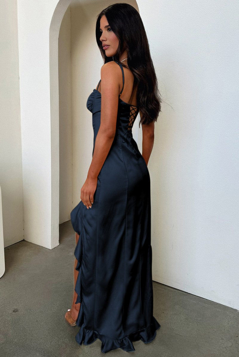 Tarian | Yellow - Sheath Satin Sweetheart Long Prom Dresses with Ruffles - KissProm