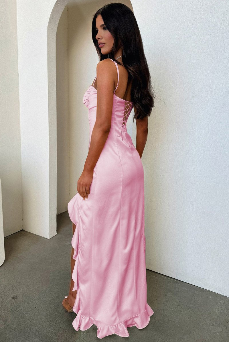 Tarian | Yellow - Sheath Satin Sweetheart Long Prom Dresses with Ruffles - KissProm