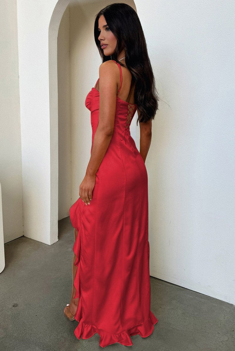 Tarian | Yellow - Sheath Satin Sweetheart Long Prom Dresses with Ruffles - KissProm