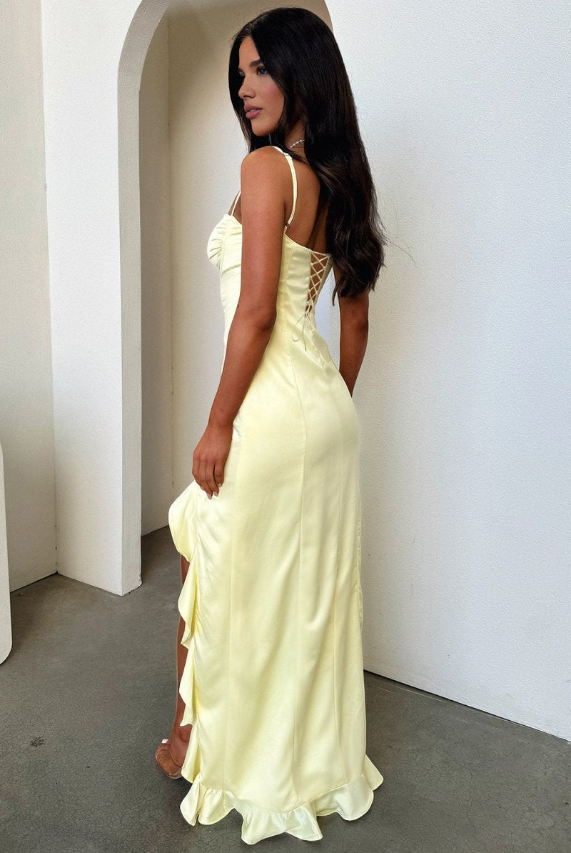 Tarian | Yellow - Sheath Satin Sweetheart Long Prom Dresses with Ruffles - KissProm