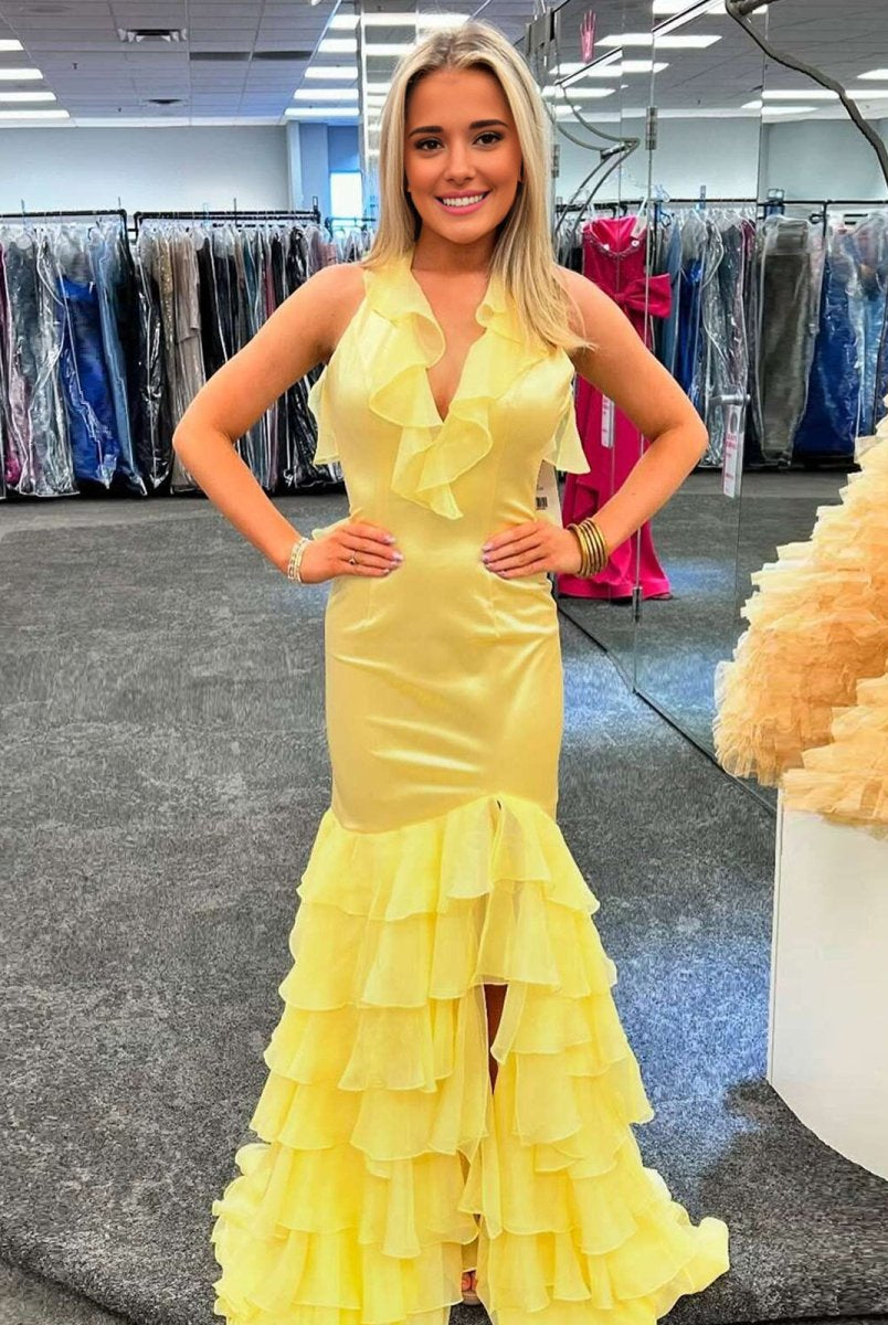 Tatum | Yellow V Neck Satin Mermaid Ruffles Long Prom Dress