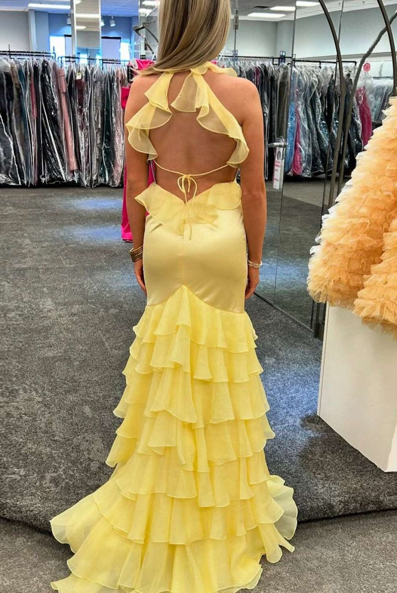 Tatum | Yellow V Neck Satin Mermaid Ruffles Long Prom Dress