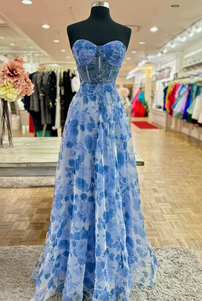 Tauri | Strapless Printing Sweetheart Beads A-Line Prom Dress