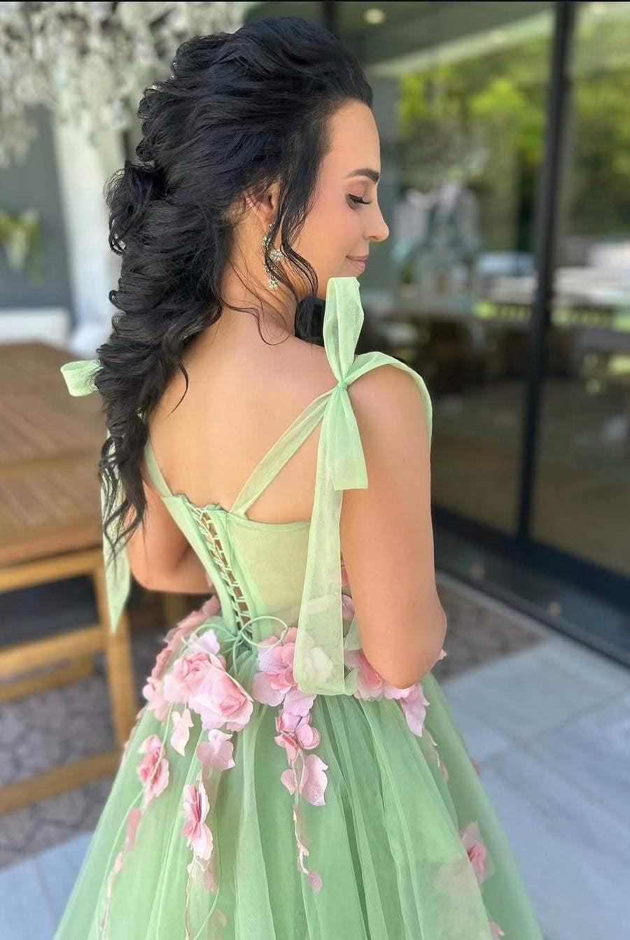 Taurus | Sweet Green A - Line Straps Sleeveless Appliques Tulle Long Prom Dress - KissProm