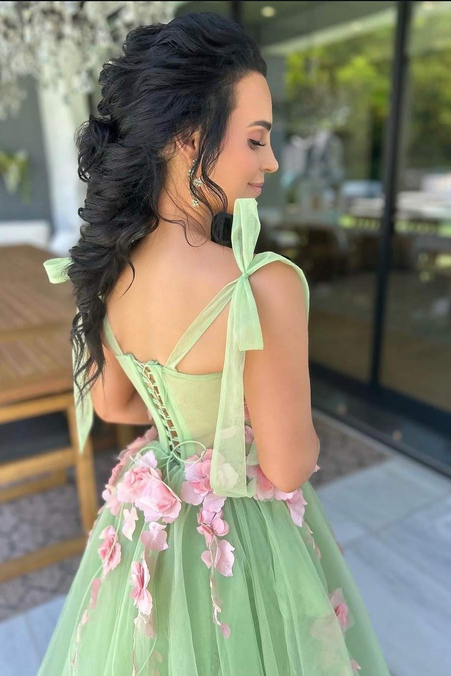 Taurus | Sweet Green A - Line Straps Sleeveless Appliques Tulle Long Prom Dress - KissProm
