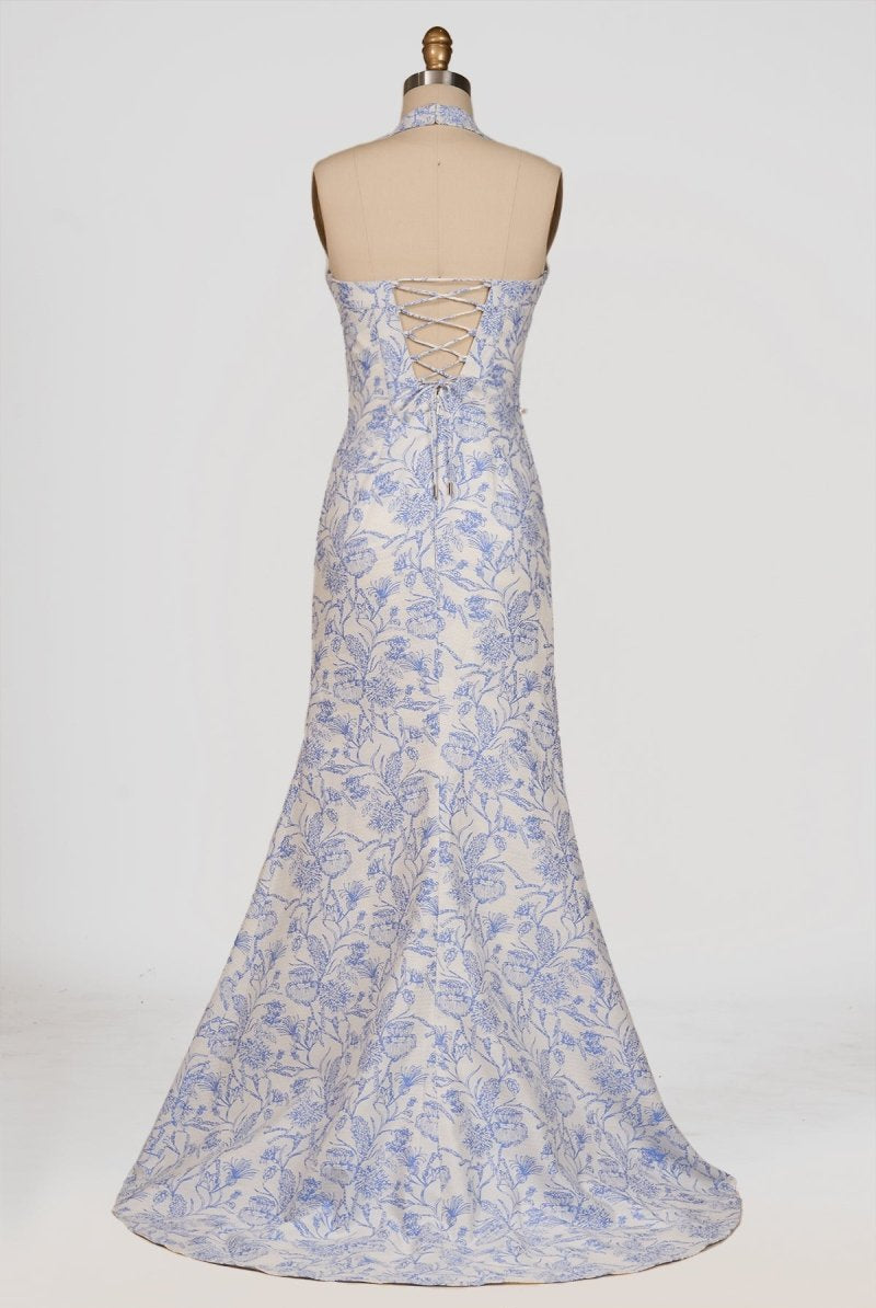 Tavira | Sky Blue - Halter Floral Jacquard Mermaid Long Formal Prom Dresses With Slit - KissProm