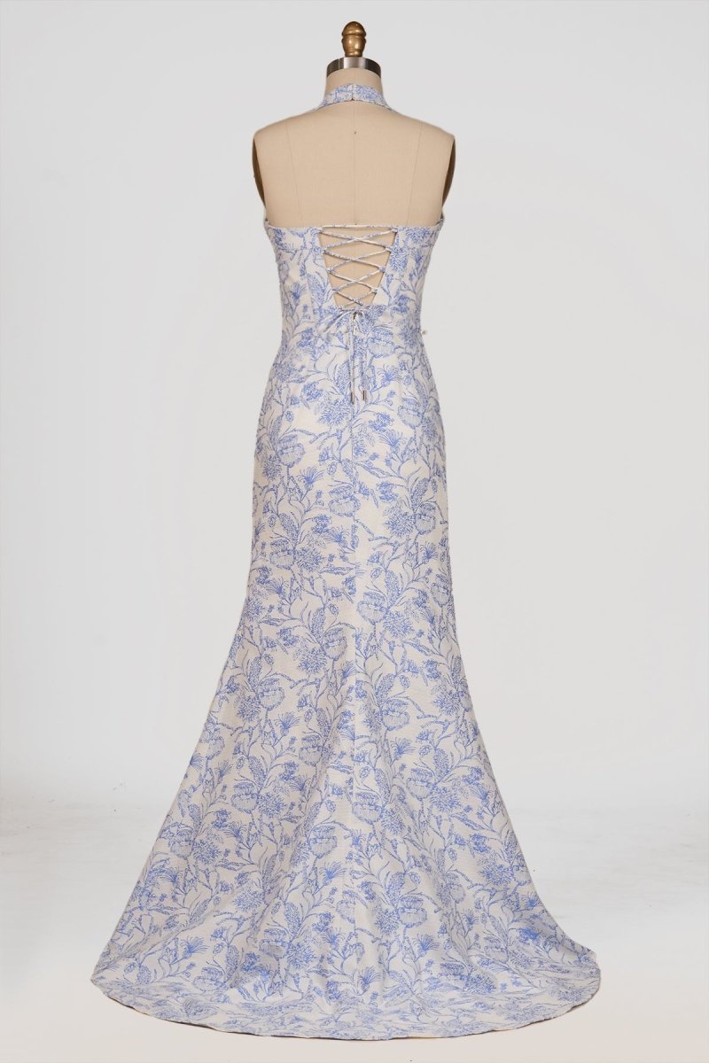 Tavira | Sky Blue - Halter Floral Jacquard Mermaid Long Formal Prom Dresses With Slit - KissProm