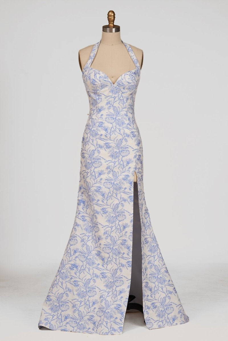 Tavira | Sky Blue - Halter Floral Jacquard Mermaid Long Formal Prom Dresses With Slit - KissProm