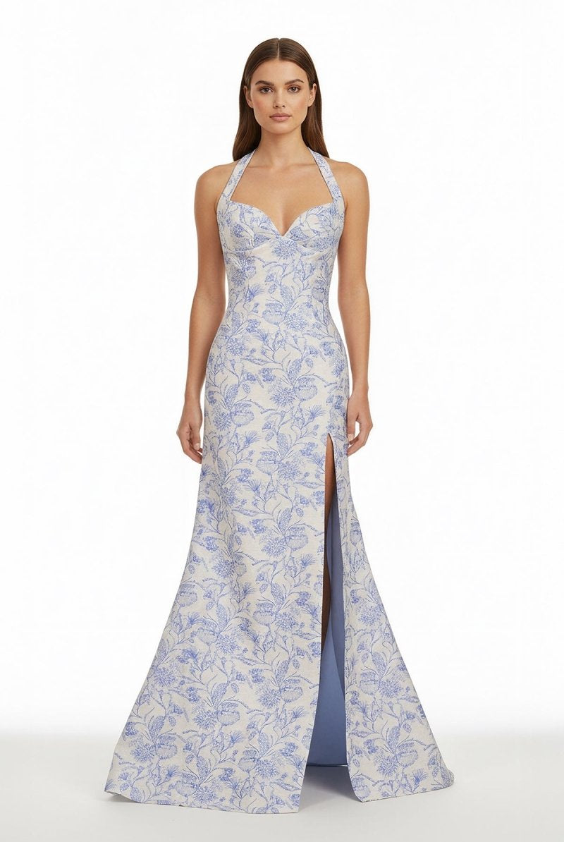 Tavira | Sky Blue - Halter Floral Jacquard Mermaid Long Formal Prom Dresses With Slit - KissProm