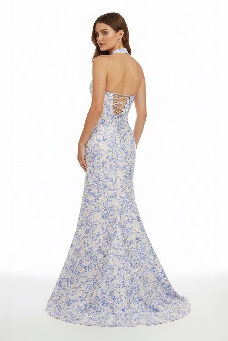 Tavira | Sky Blue - Halter Floral Jacquard Mermaid Long Formal Prom Dresses With Slit - KissProm