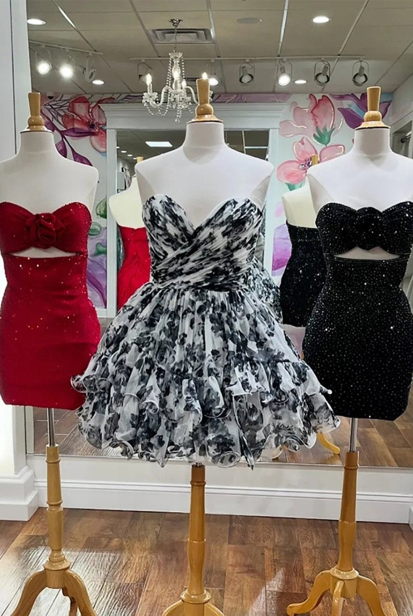 Tavora | Red - Strapless Bodycon Beaded Cut Out Short Homecoming Dress