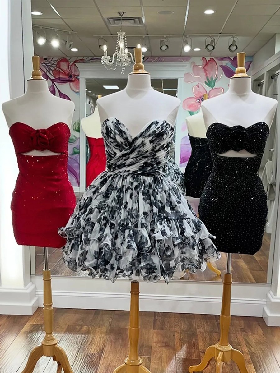 Tavora | Red - Strapless Bodycon Beaded Cut Out Short Homecoming Dress