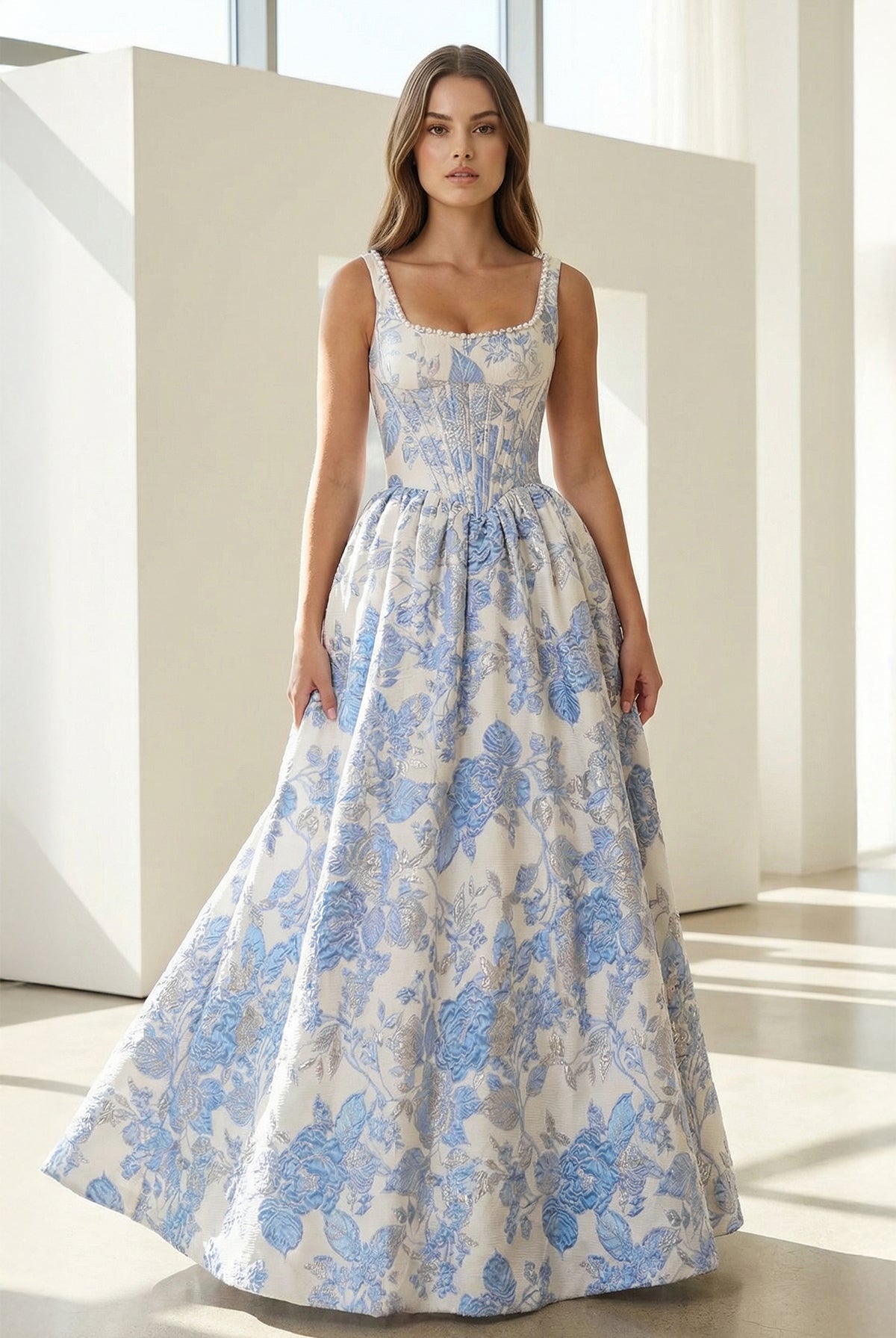 Tavynne | Blue - Square Neck A Line Floral Jacquard Prom Dresses With Pearls -KissProm