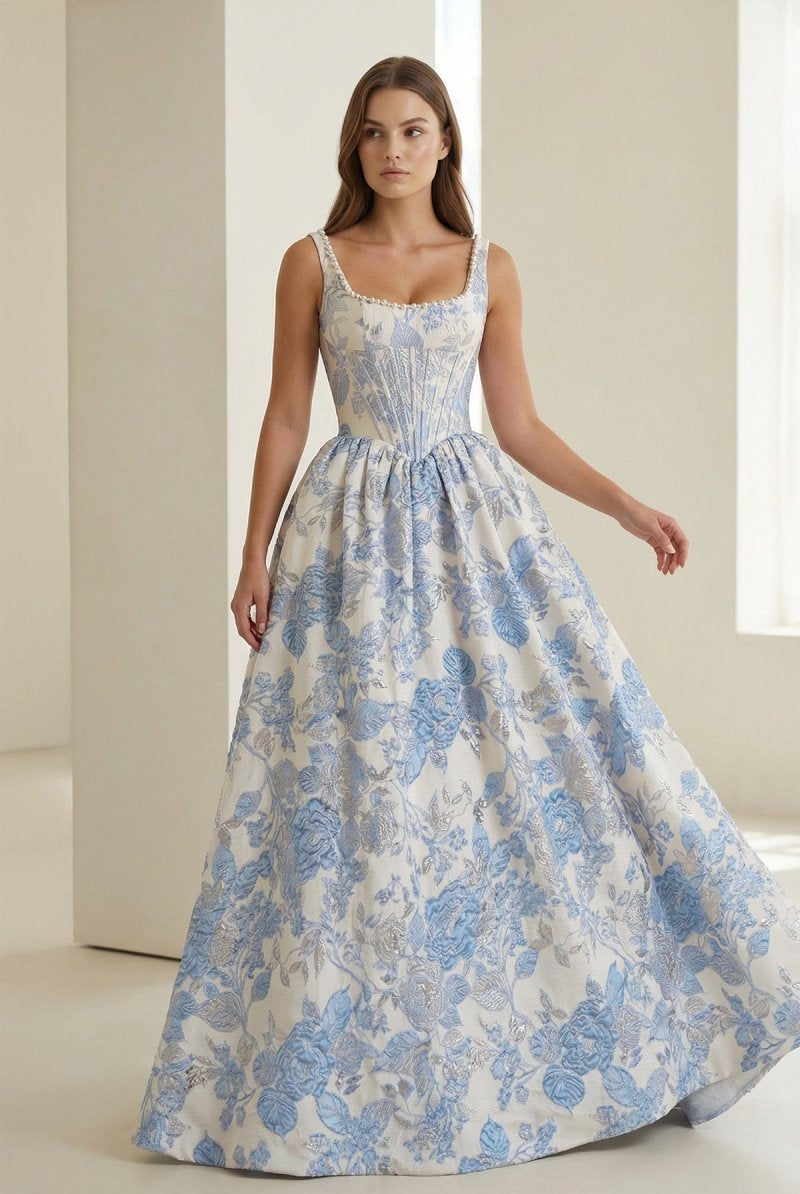 Tavynne | Blue - Square Neck A Line Floral Jacquard Prom Dresses With Pearls - KissProm