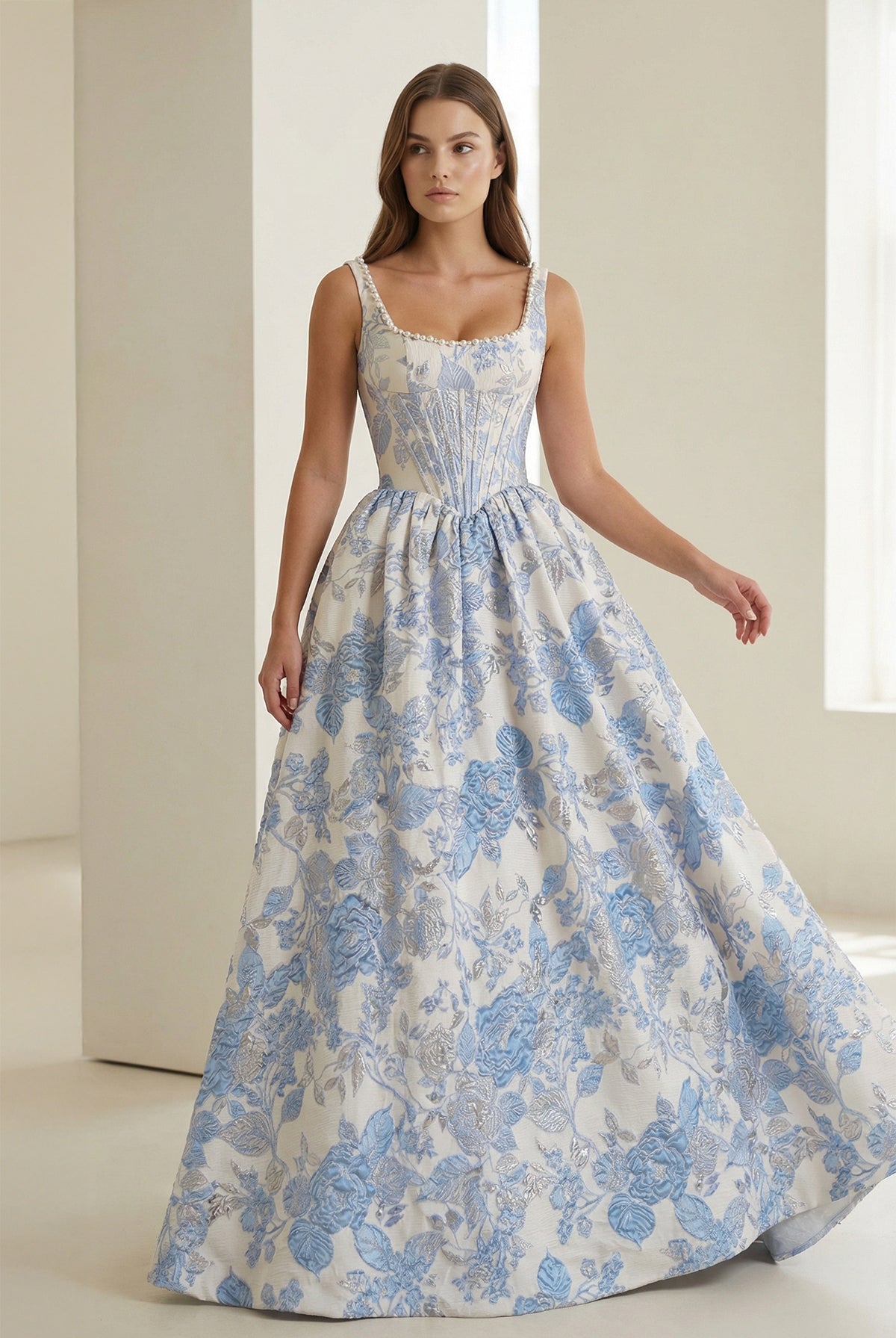 Tavynne | Blue - Square Neck A Line Floral Jacquard Prom Dresses With Pearls -KissProm