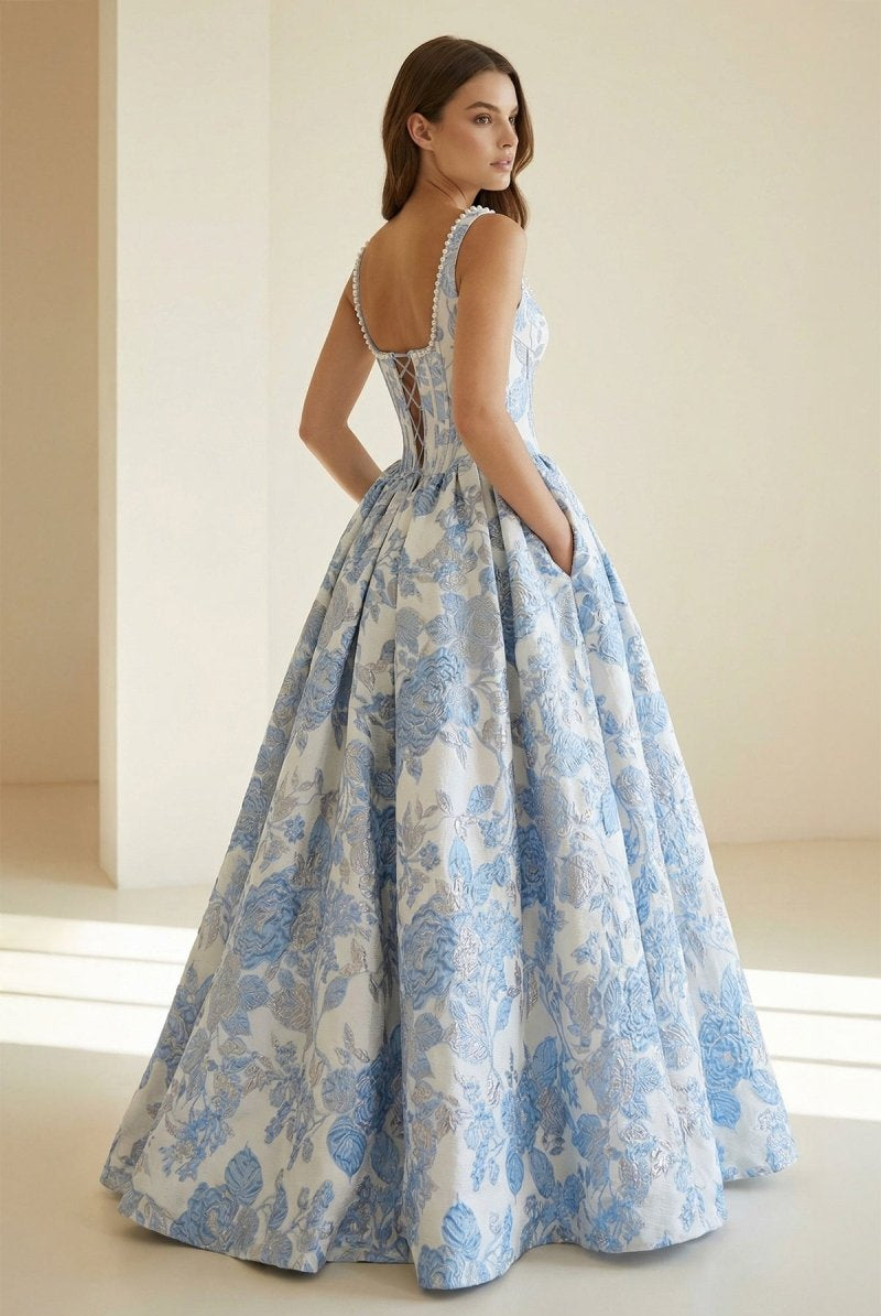 Tavynne | Blue - Square Neck A Line Floral Jacquard Prom Dresses With Pearls - KissProm