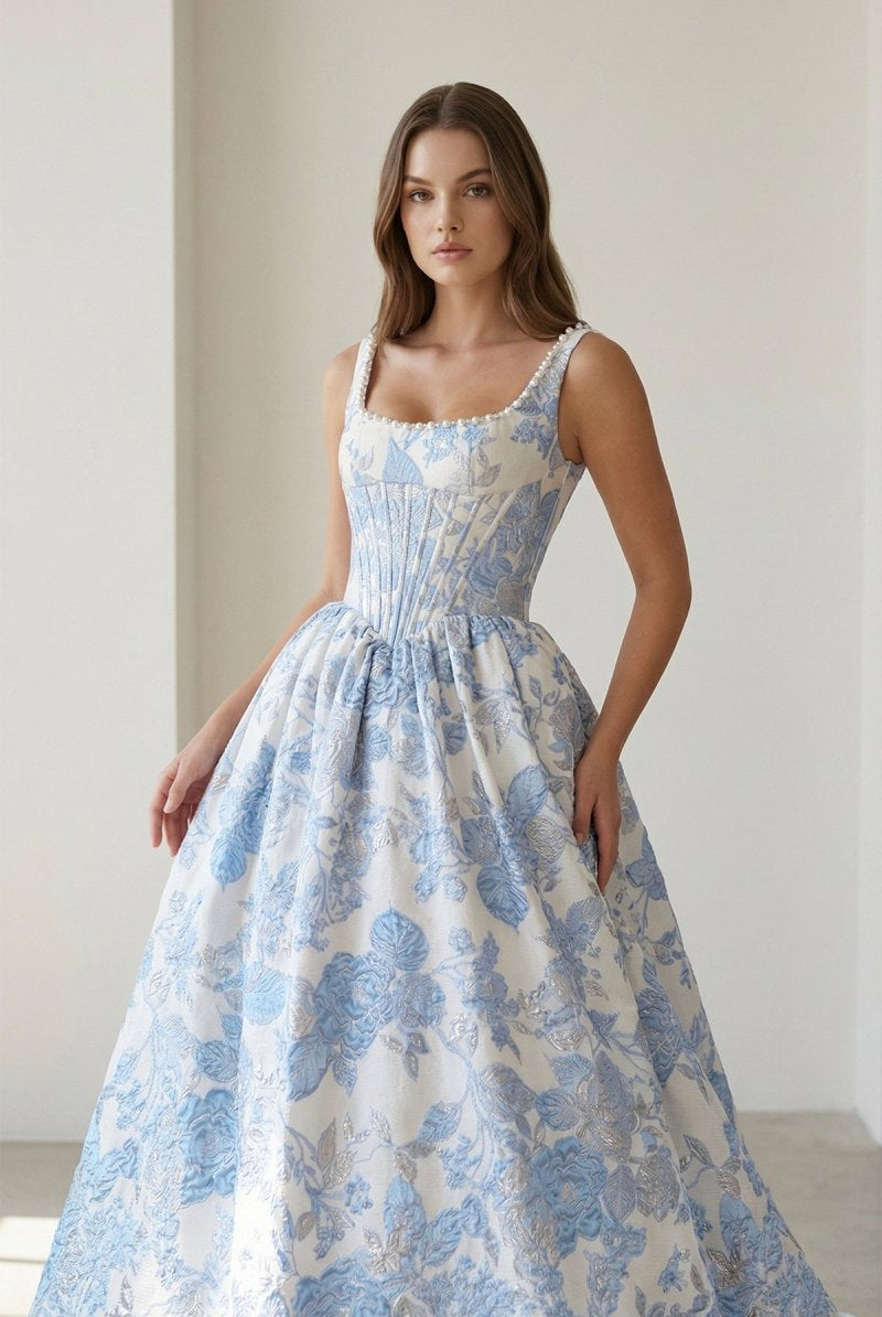 Tavynne | Blue - Square Neck A Line Floral Jacquard Prom Dresses With Pearls - KissProm