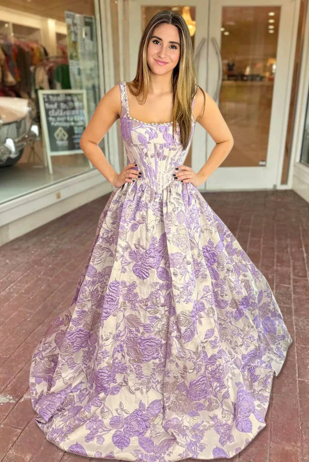 Tavynne | Lilac - Square Neck A Line Floral Jacquard Prom Dresses With Pearls -KissProm