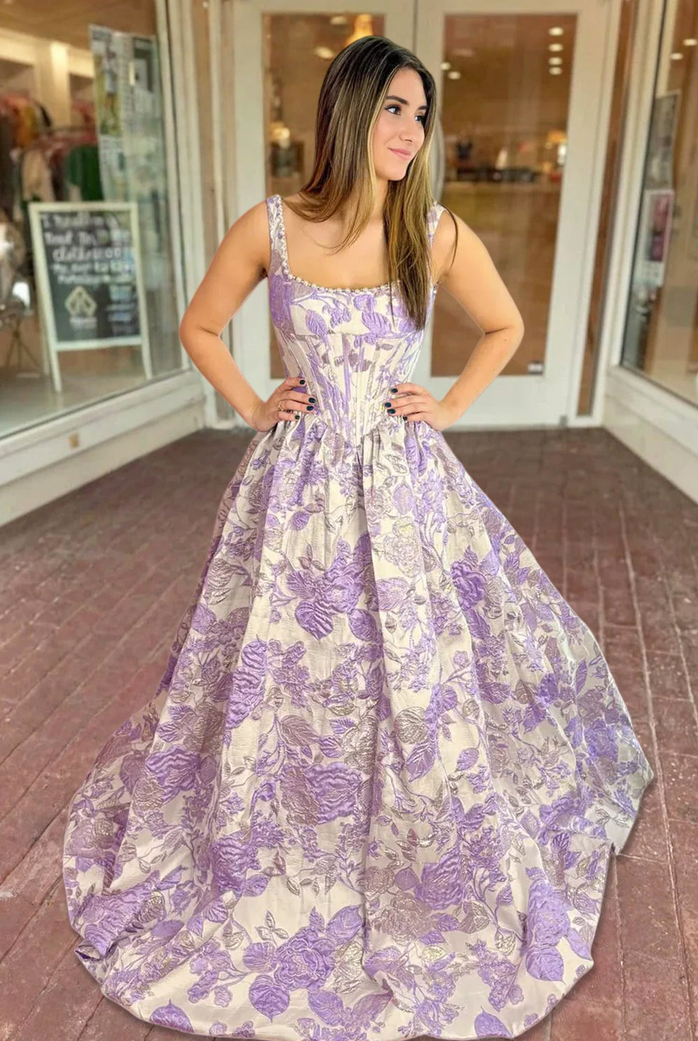 Tavynne | Lilac - Square Neck A Line Floral Jacquard Prom Dresses With Pearls -KissProm