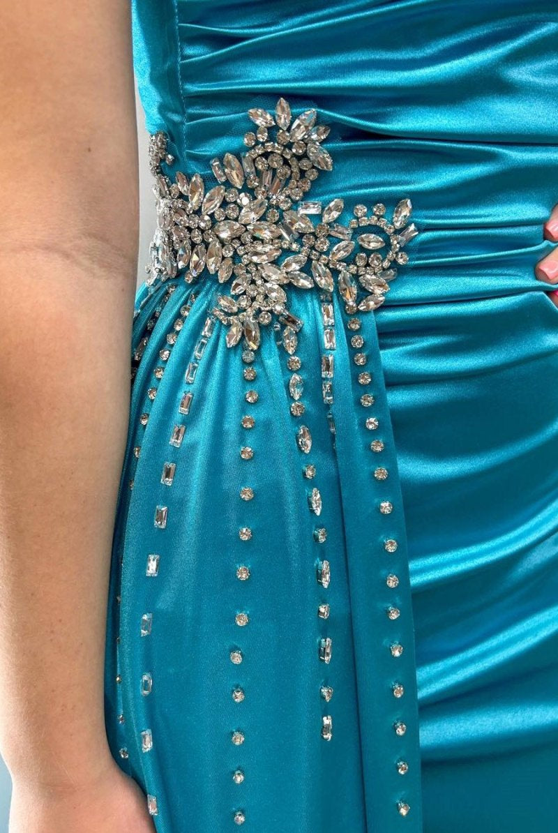 Earl | Teal Beaded Spaghetti Strap Long Gown with Attached Train - KissProm