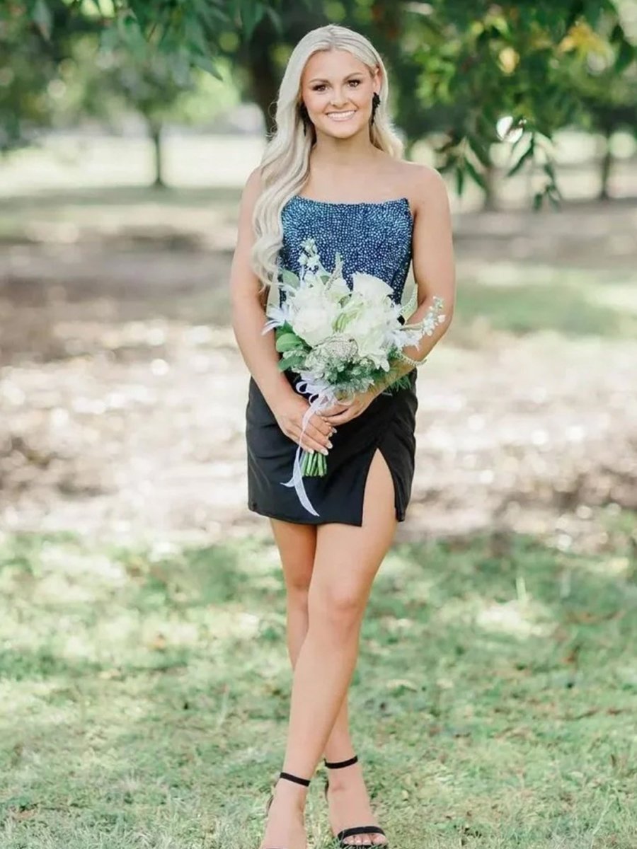 Theodie | Black - Scoop Neck Satin Short Homecoming Dresses With Beadings