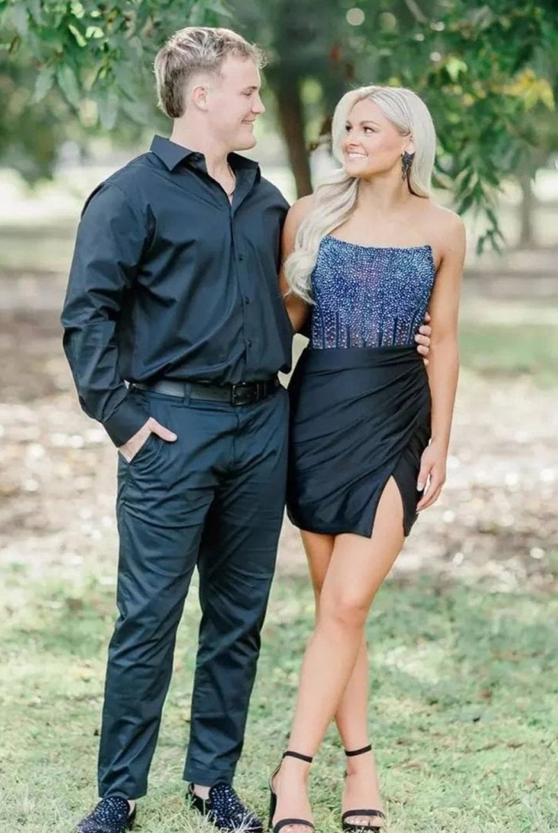 Theodie | Black - Scoop Neck Satin Short Homecoming Dresses With Beadings