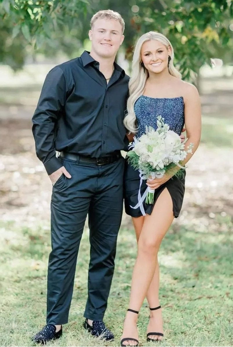 Theodie | Black - Scoop Neck Satin Short Homecoming Dresses With Beadings