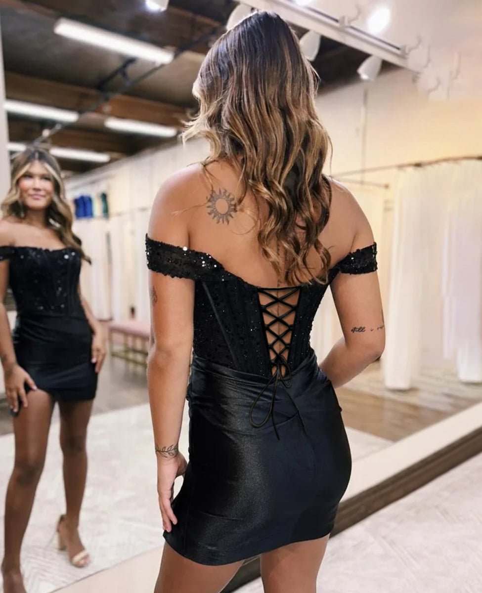 Theodora |Sparkly Off the Shoulder Sequins Royal Blue Corset Homecoming Dress - KissProm