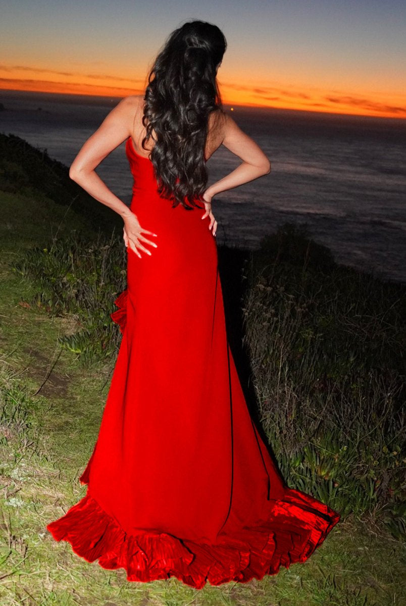 Theodoric | Red Strapless Ruffles Scoop Neck Mermaid Sleeveless Long Prom Dress