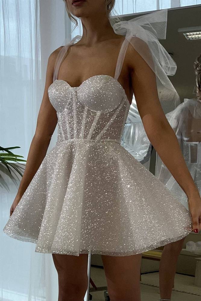 Tie Shoulder White Spraying A-Line Short Party Dress Tie Shoulder White Spraying A-Line Short Party Dress