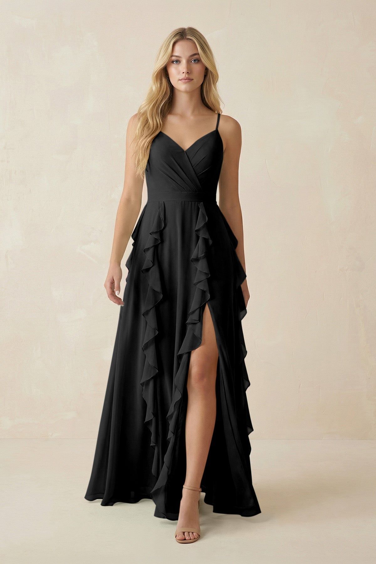 black tiered bridesmaid dress KissProm Ruffle A-Line Chiffon in Black, / 28 KissProm captures playful elegance 1/2 sleeves Azazie Dresses: 10 Things Size:17 / l-xl