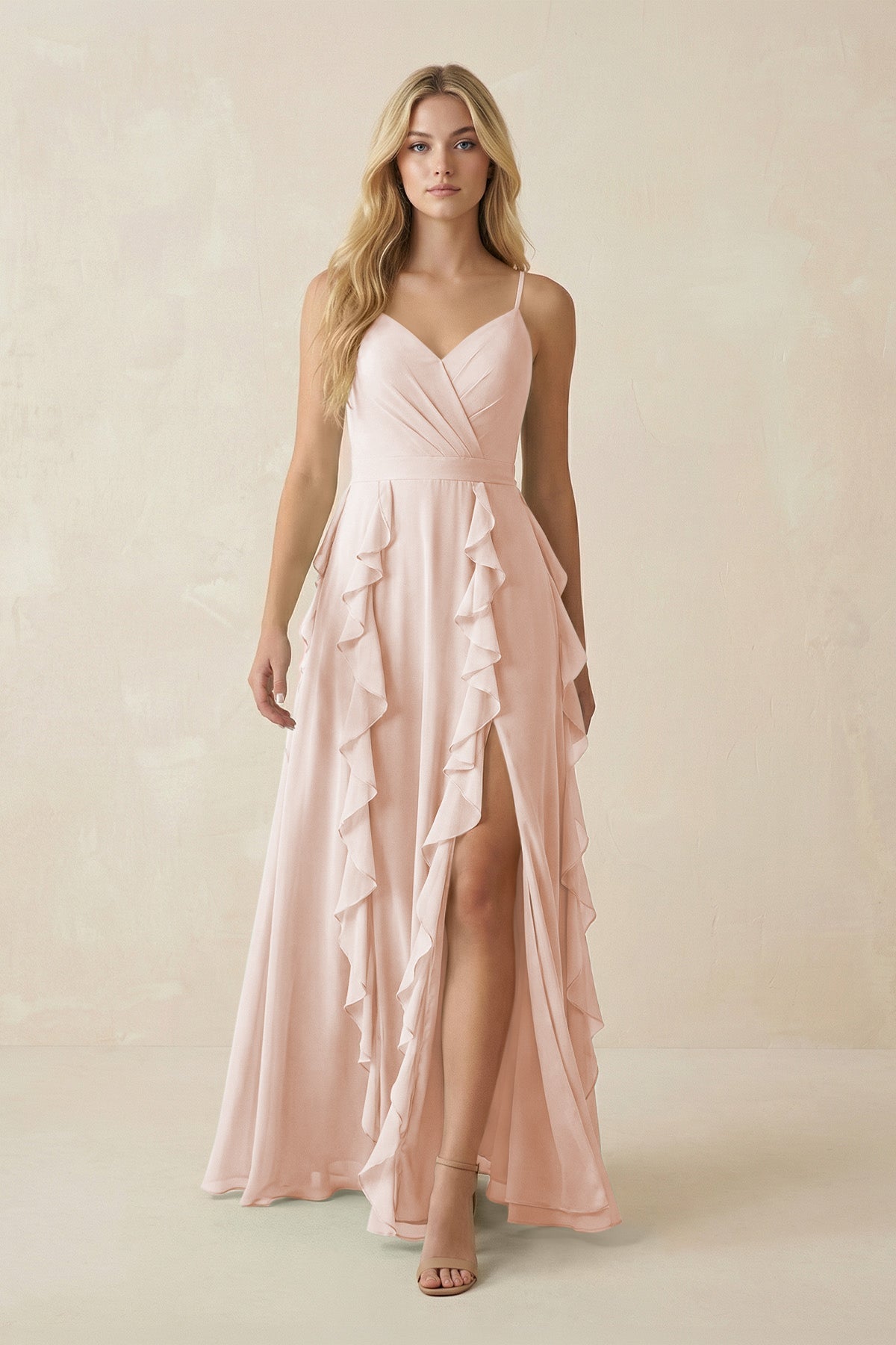 KissProm Tiered Ruffle A-Line Chiffon Bridesmaid Dress in Pale Blush, Pale Blush / 6