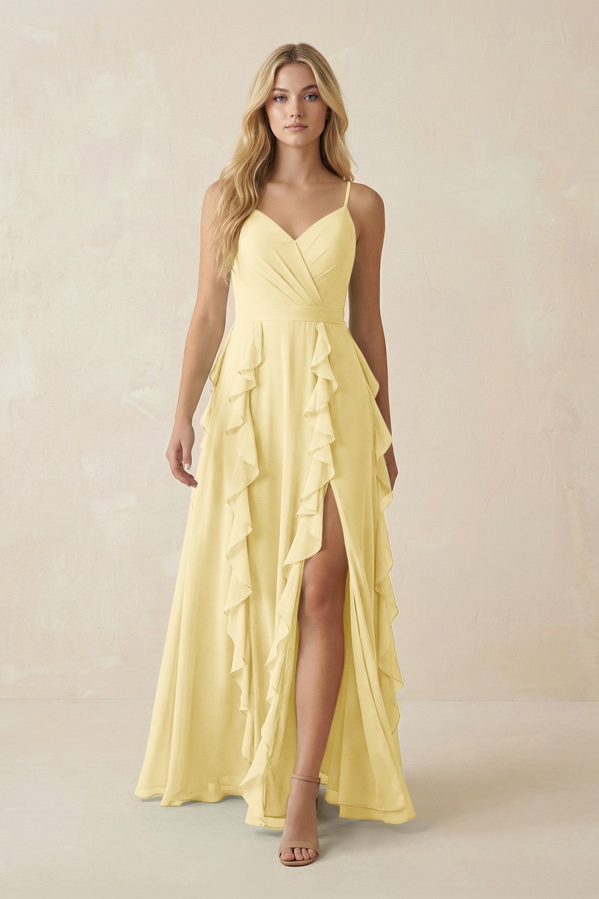 KissProm Tiered Ruffle A-Line Chiffon Bridesmaid Dress in Pastel Yellow, Pastel Yellow / 30