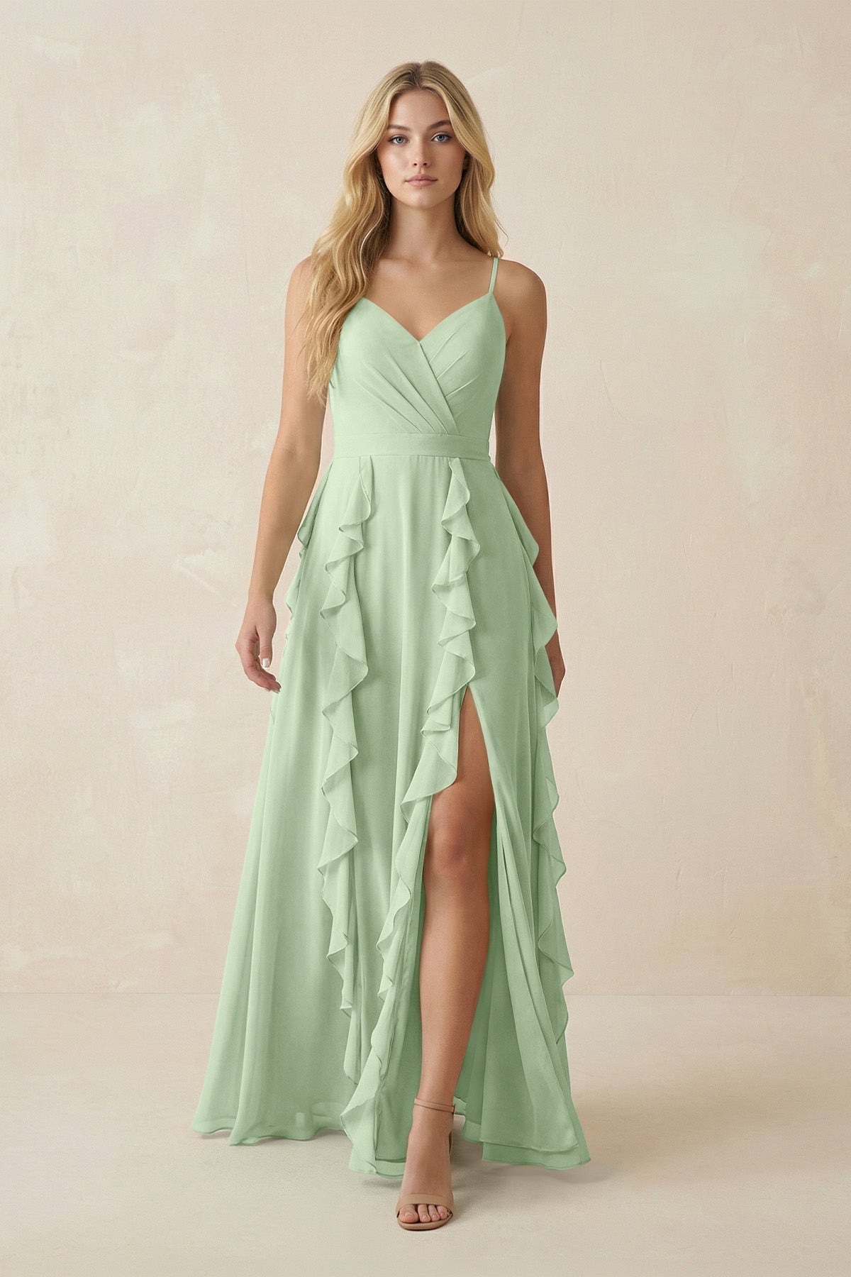 KissProm Tiered Ruffle A-Line Chiffon Bridesmaid Dress in Sage, Sage / 24