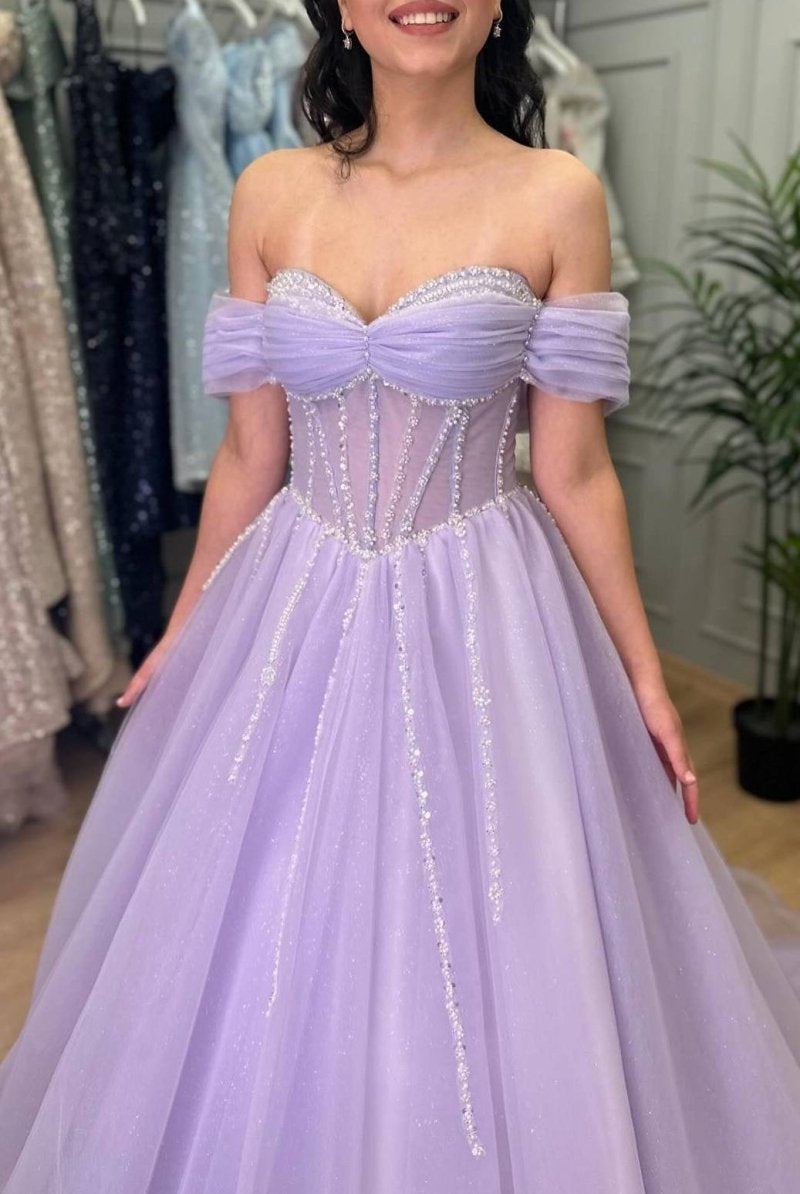 Tiffany | Lavender Beaded A - Line Tulle Prom Dress with Off Shoulder - KissProm