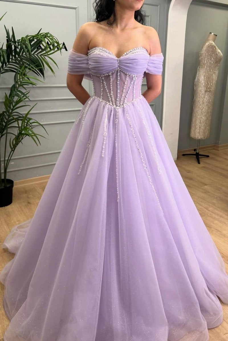 Tiffany | Lavender Beaded A - Line Tulle Prom Dress with Off Shoulder - KissProm