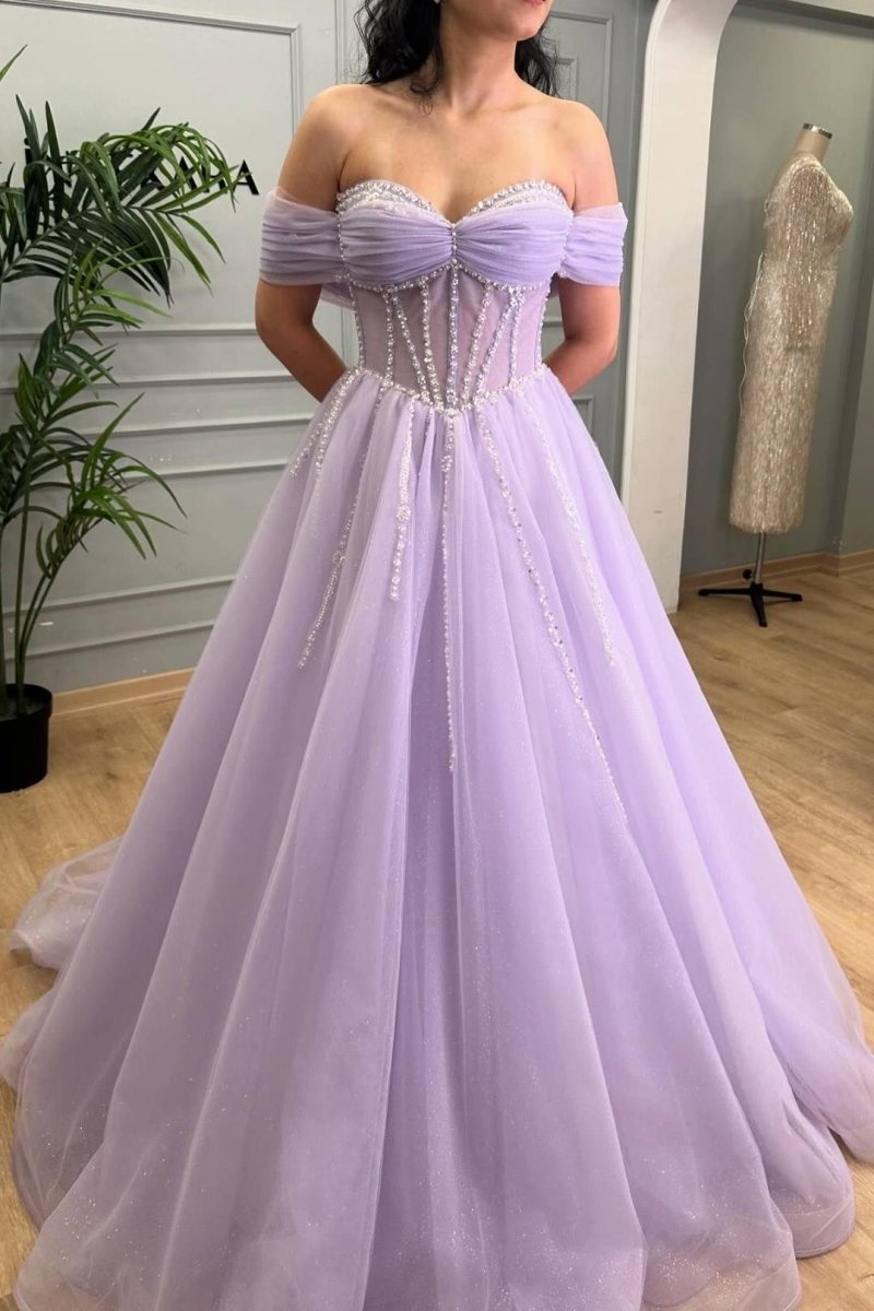 Tiffany | Lavender Beaded A - Line Tulle Prom Dress with Off Shoulder - KissProm