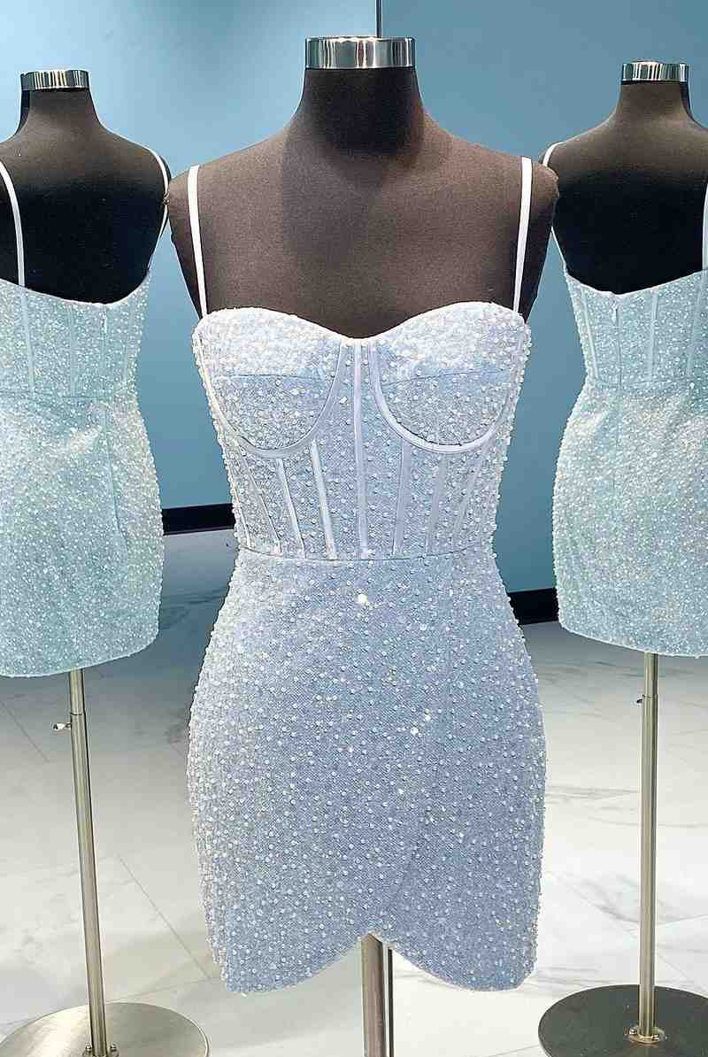 Tight Light Blue Short Homecoming Dress with Crystals