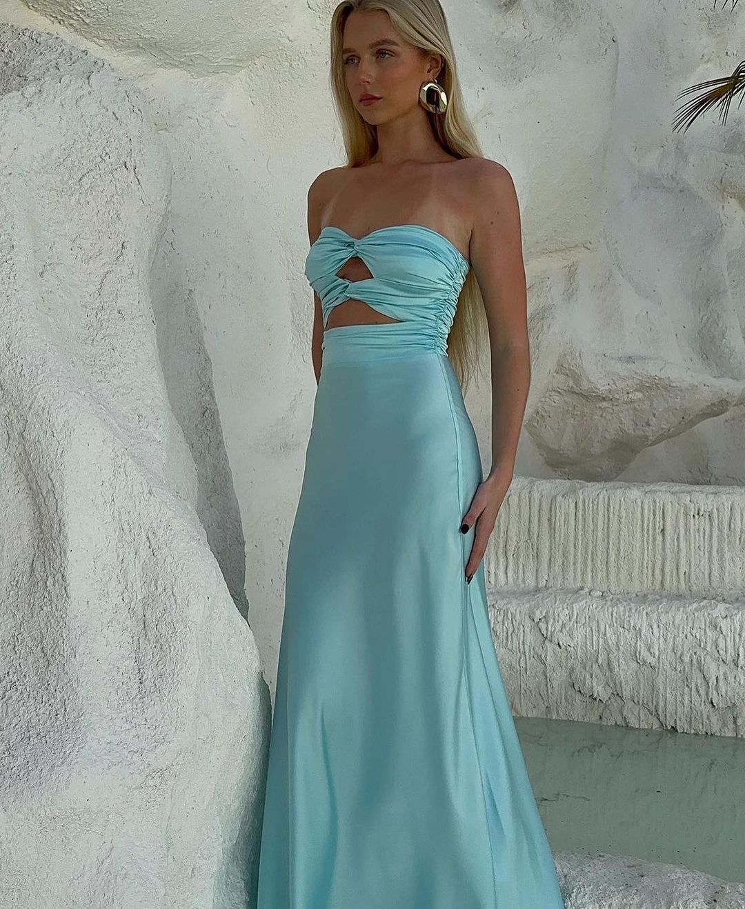 Glamorous Blue Sheath Long Sleeve V-Neck Crystal Prom Dress with Overskirt