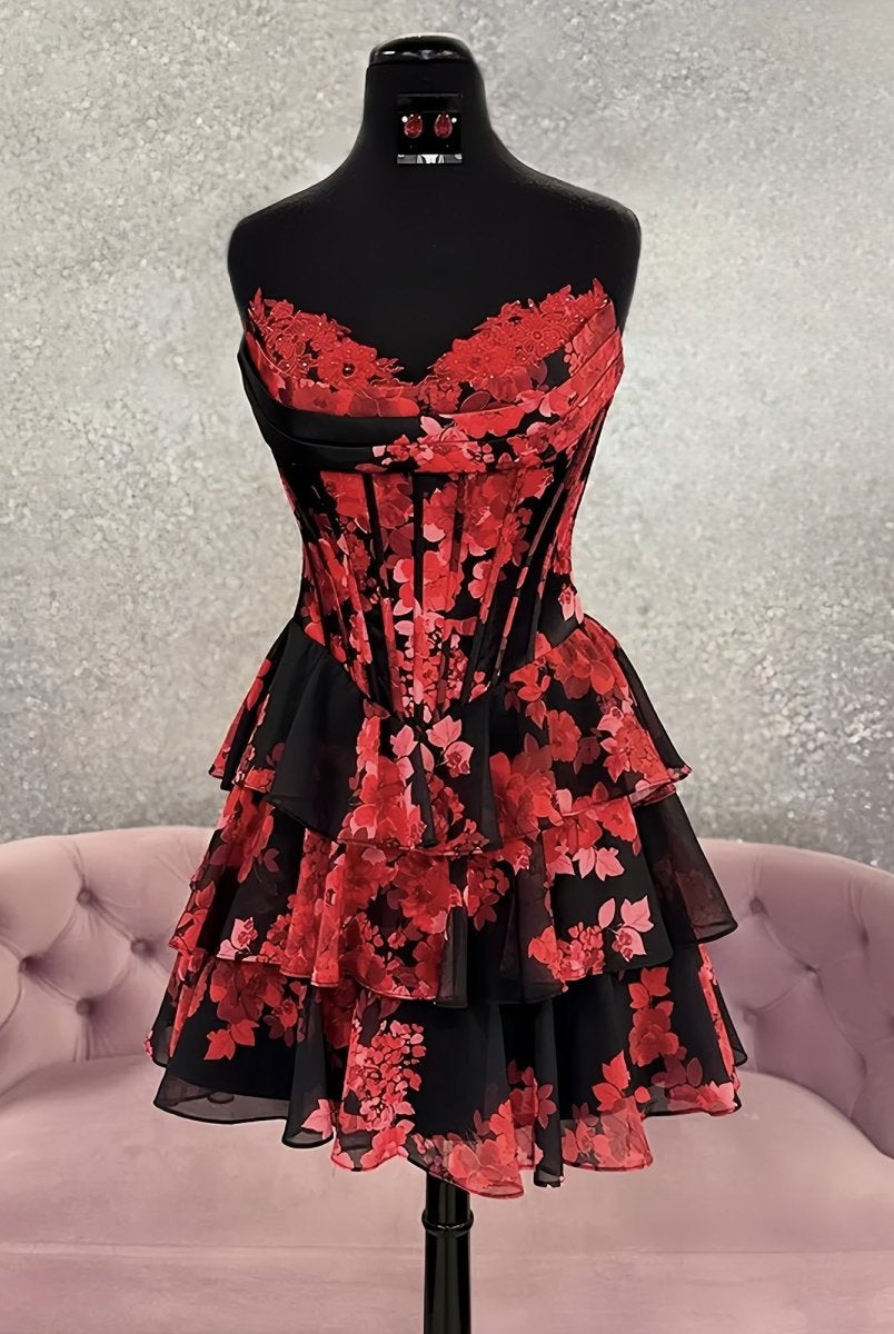 Tirzah | Red - Strapless Floral Chiffon A Line Corset Tiered Homecoming Dress With Appliques